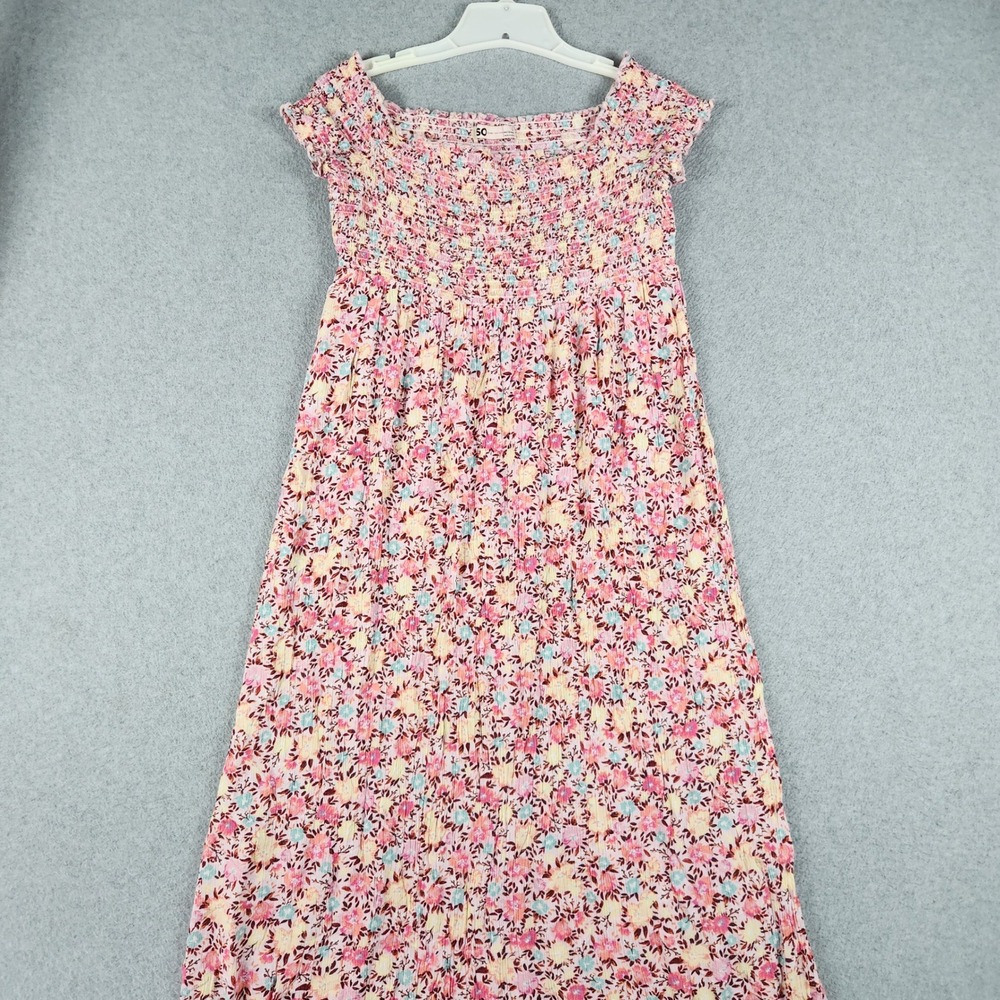 SO Maxi Dress Womens L Multi Floral Rayon Smocked Chest Bodice Boho Cottagecore